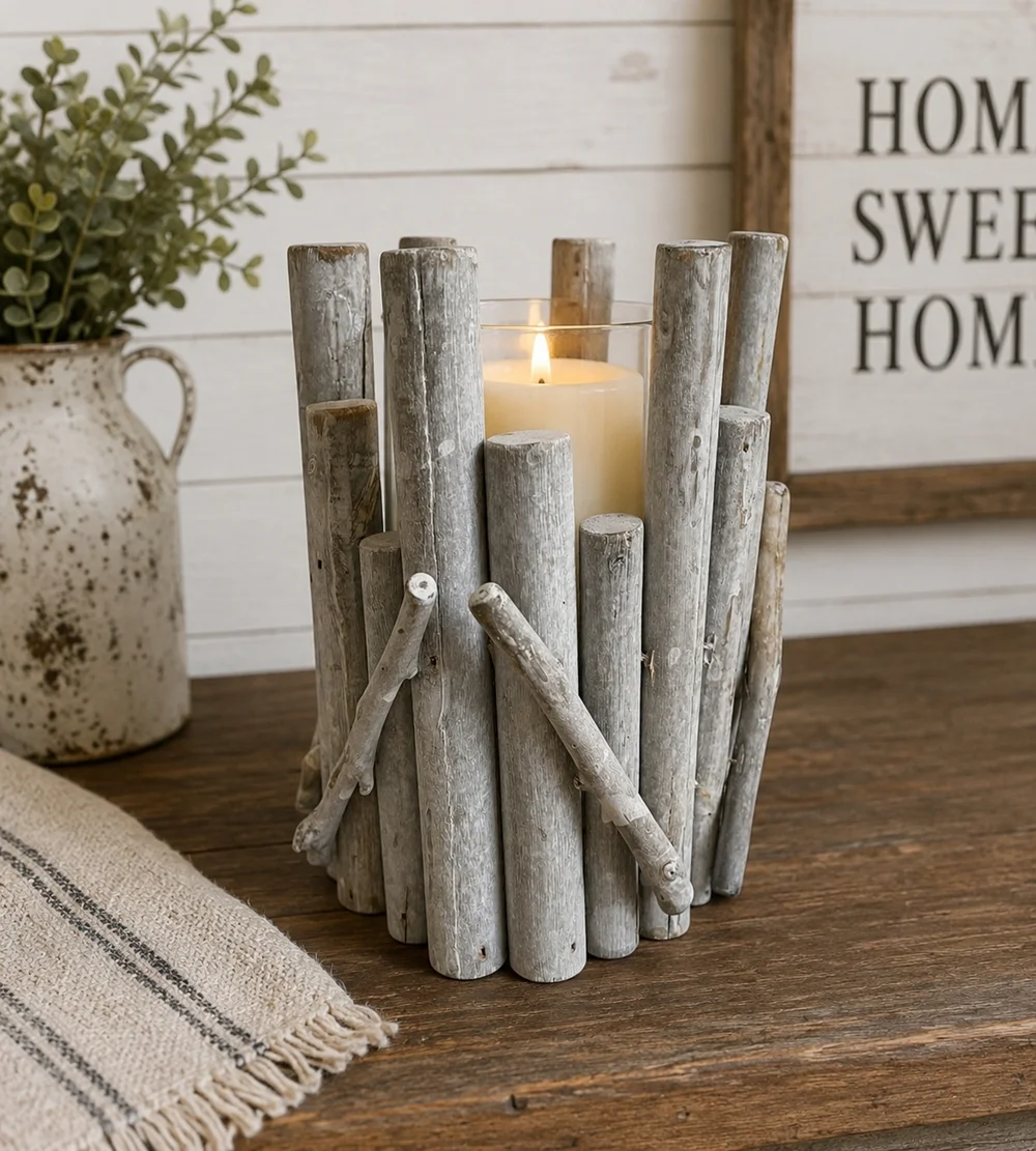 Rustic Driftwood Log Hurricane Candle Holder Glass Insert Coastal Farmhouse 6